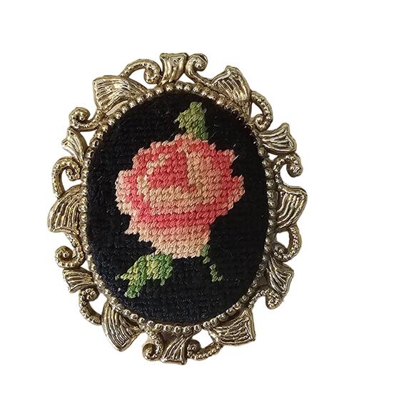 Vintage Black Needlepoint Pink Rose Brooch Pin with Gold Filigree - Picture 1 of 5